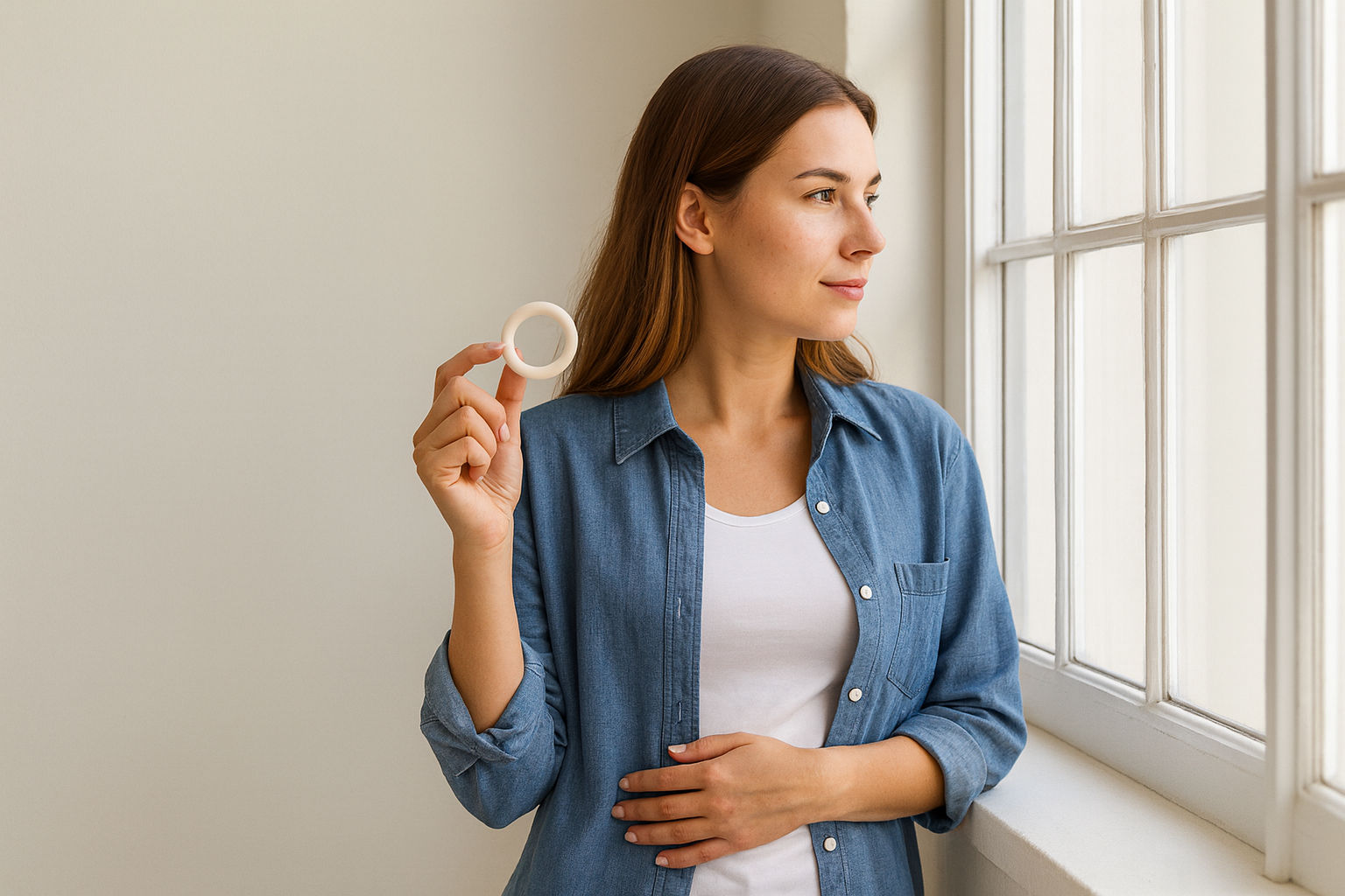 Mulher a segurar um Pessário Ring em silicone médico sobre fundo neutro