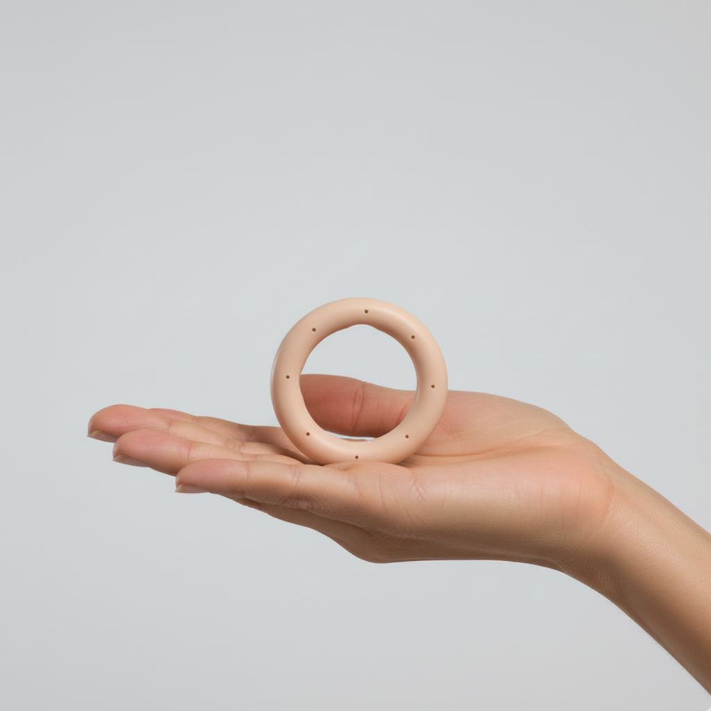 Mão a segurar pessário Ring em silicone médico