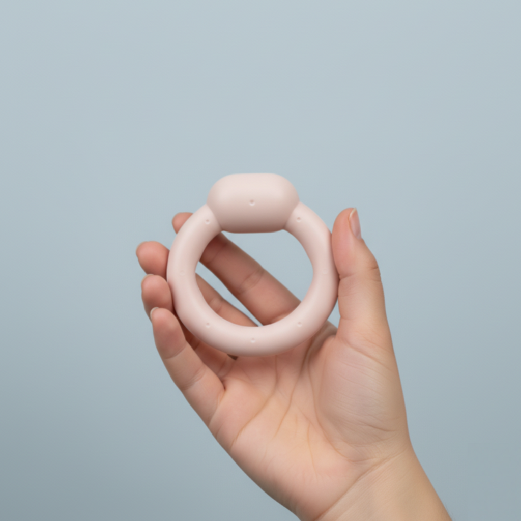 Mão a segurar pessário Ring com almofada em silicone médico