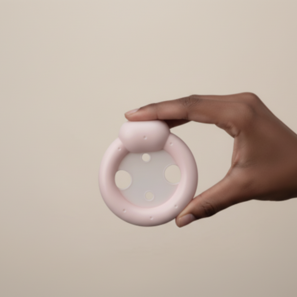 Mão a segurar pessário Ring com suporte e almofada em silicone médico